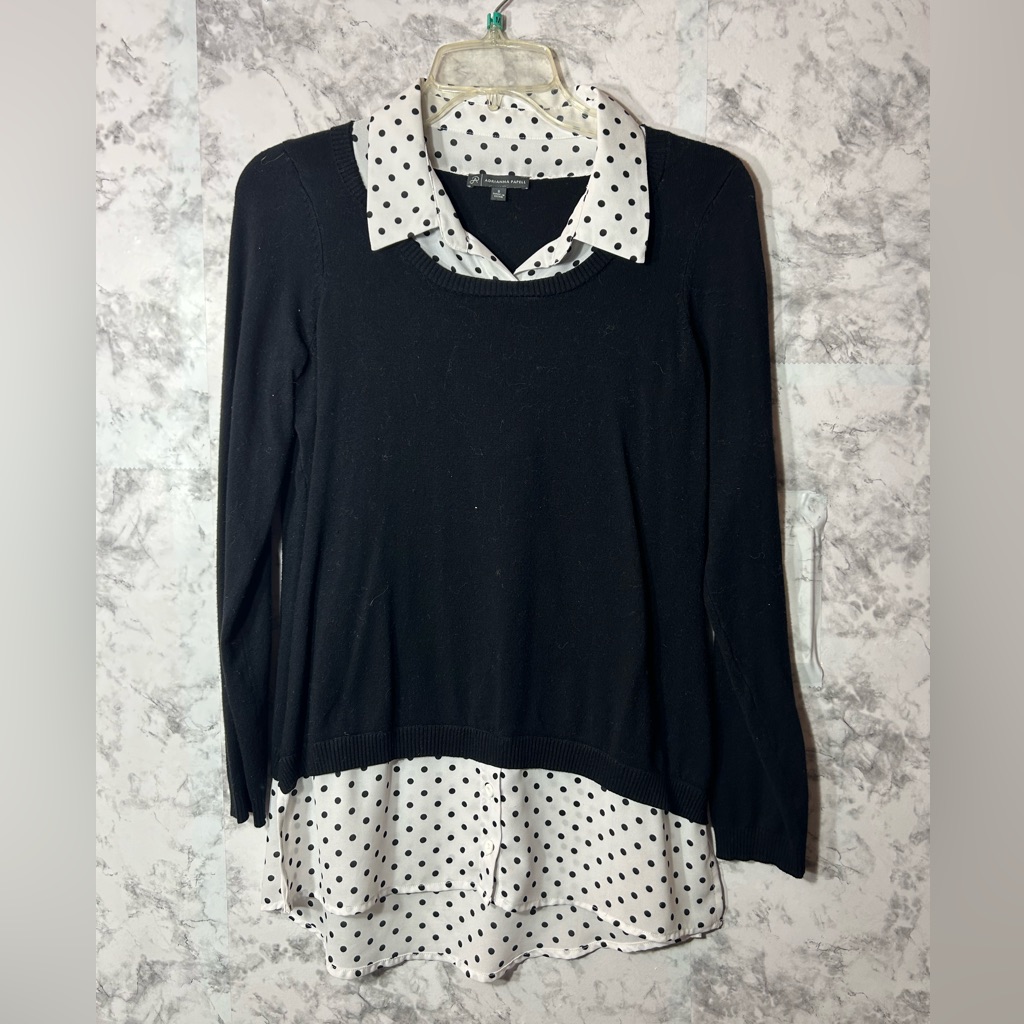 Adrianna Papell Black/White Layered Blouse/Dress Shirt Collar Sz S Euc 23
